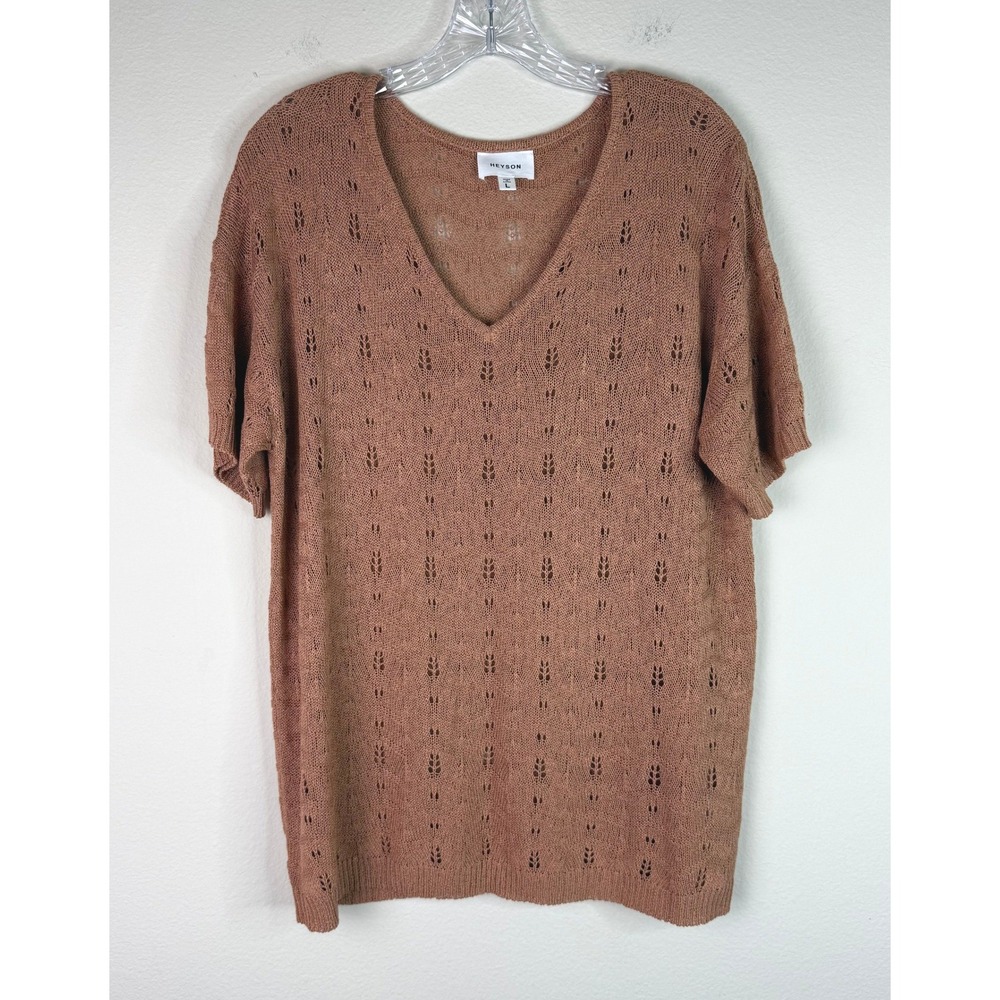 Heyson Sweater Women L Terracotta V-Neck Pointelle Open Knit Short Sleeve Top